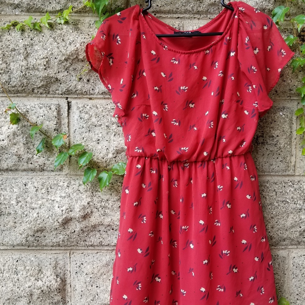 Red dress with sheer flutter sleeve